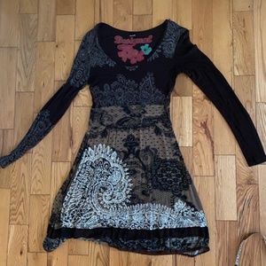 Desigual Long Sleeve Brown Dress- Lace and Paisley